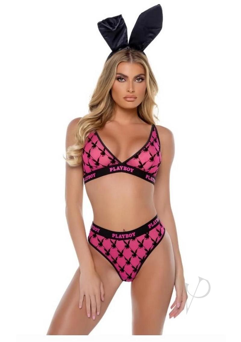 Playboy Flocked Bunny Bra Set Pink/Black