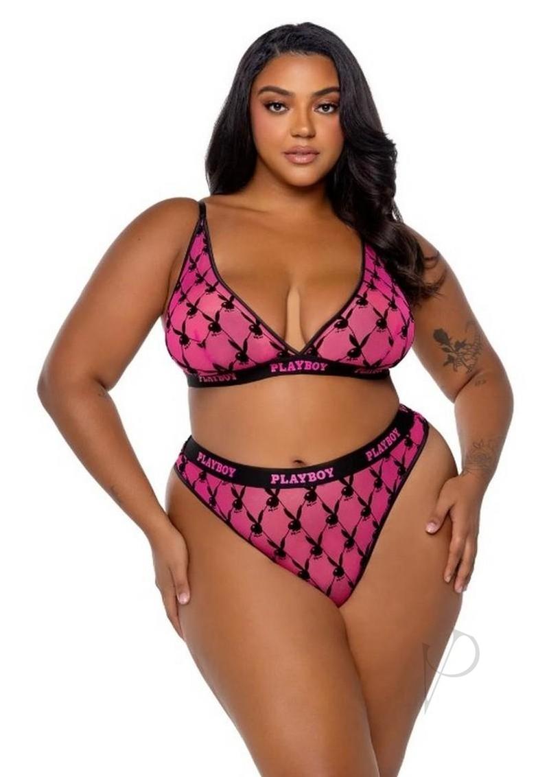 Playboy Flocked Bunny Bra Set Pink/Black
