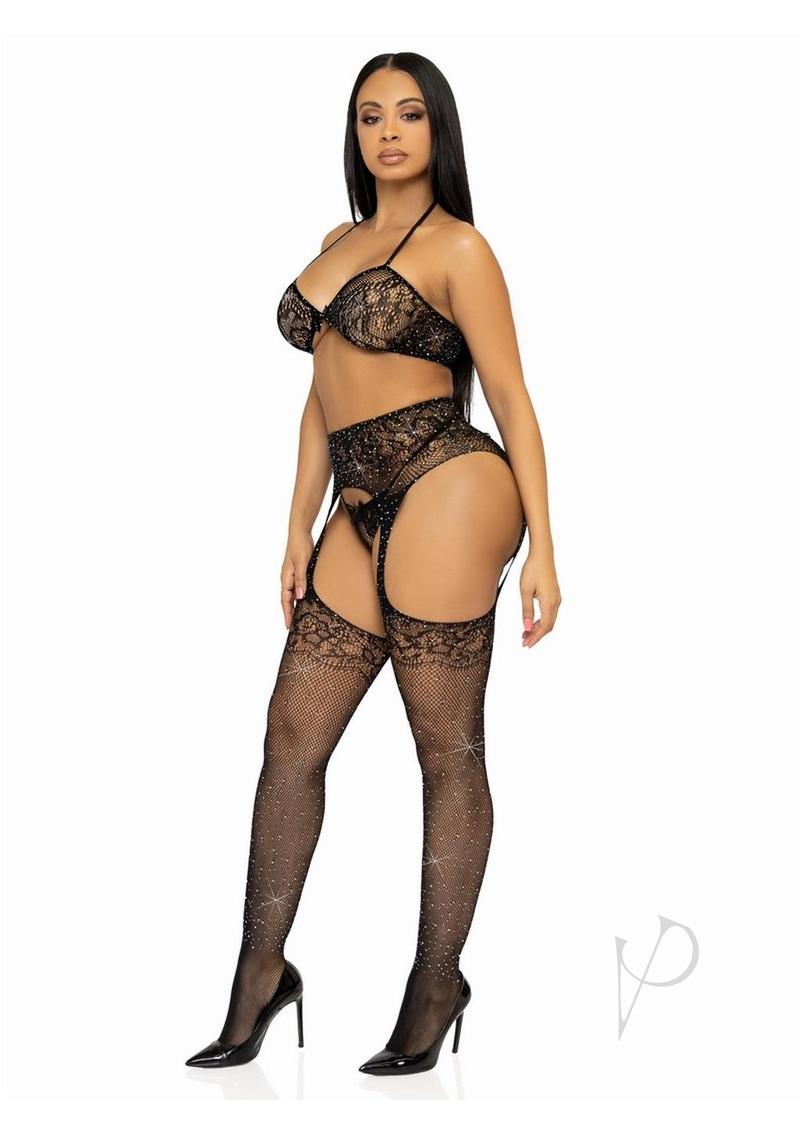 Leg Avenue Rhinestone Lace Bra Top, G-String, and Fishnet Garter Belt Stocking