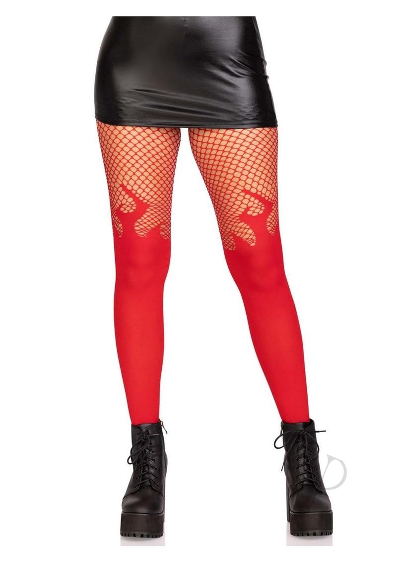 Leg Avenue Opaque Flame Tights with Fishnet Tops Red