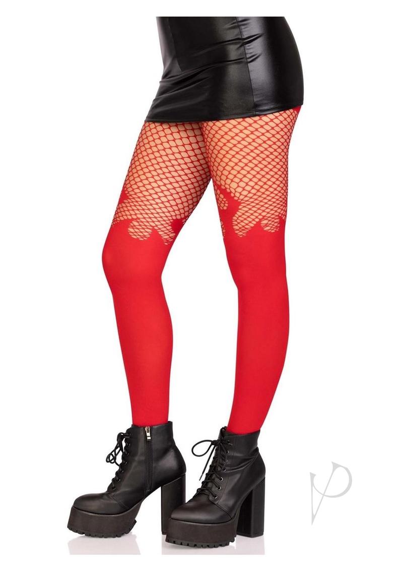 Leg Avenue Opaque Flame Tights with Fishnet Tops Red