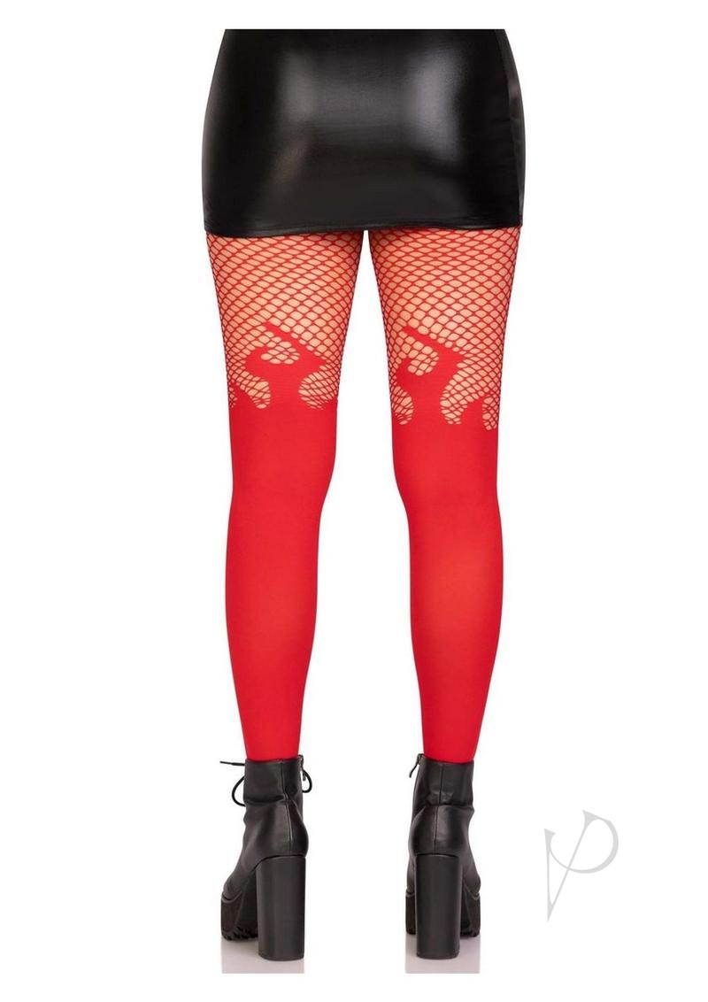 Leg Avenue Opaque Flame Tights with Fishnet Tops Red