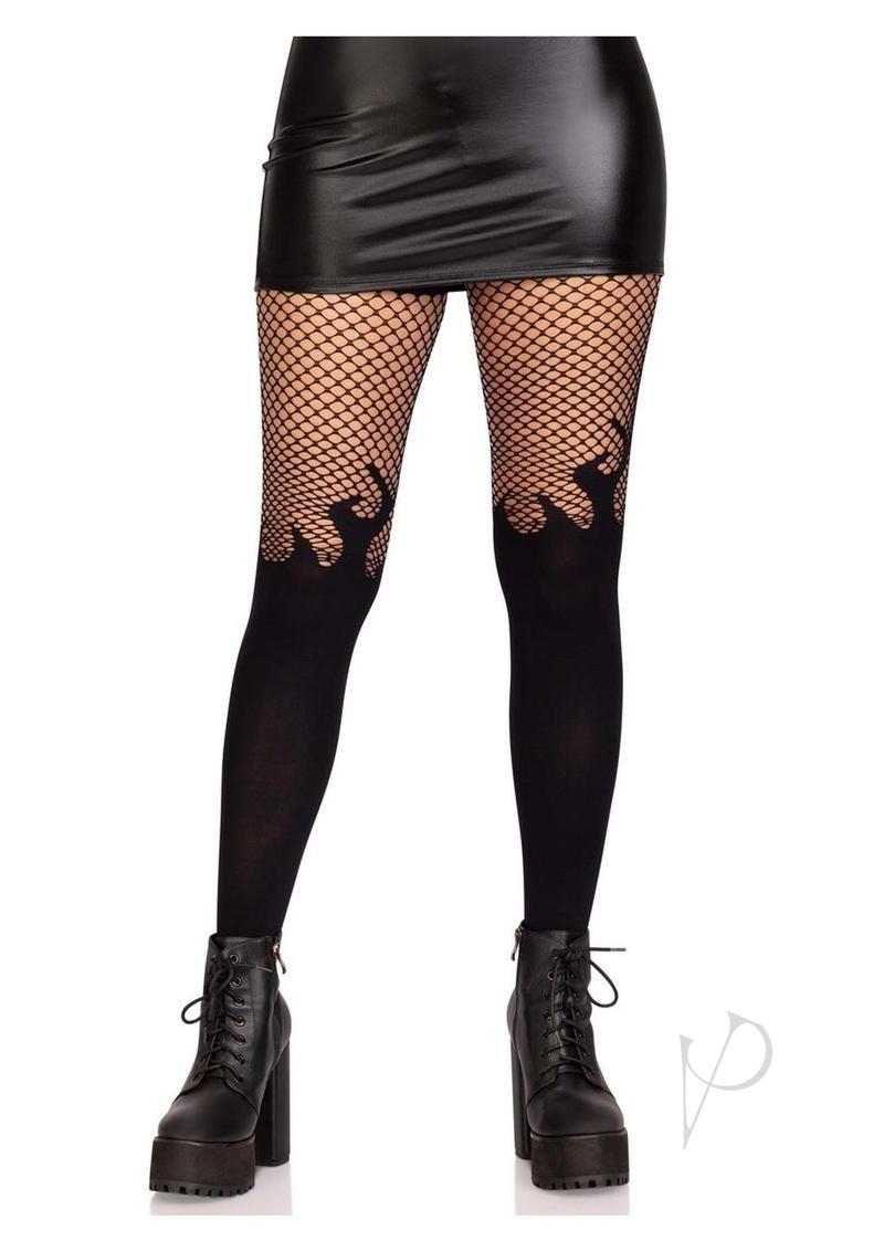 Leg Avenue Opaque Flame Tights with Fishnet Tops Black O/S