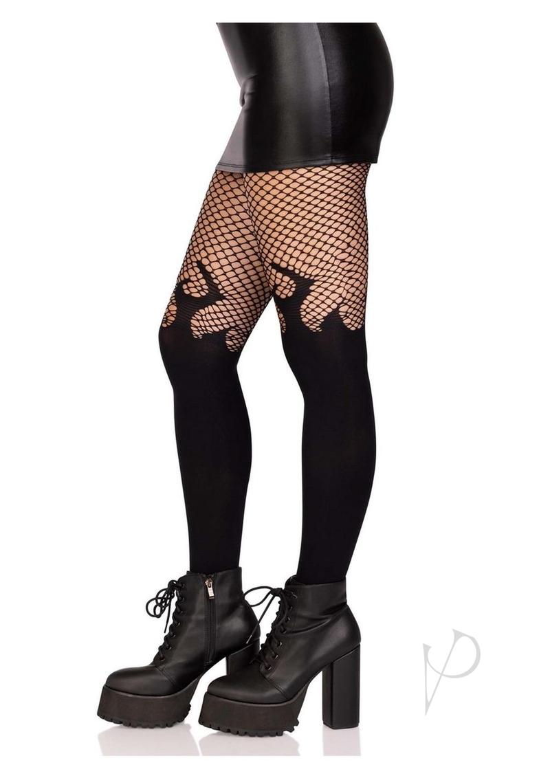 Leg Avenue Opaque Flame Tights with Fishnet Tops Black O/S